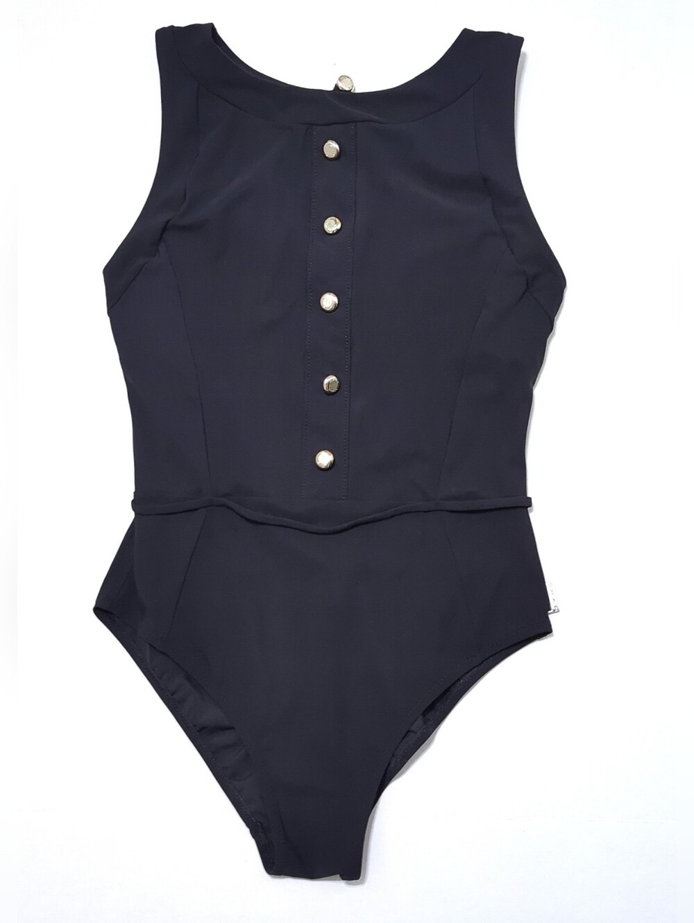SHAN Black One Piece Swimsuit Underwire Open Back Logo Buttons Size 10 - Picture 6 of 14